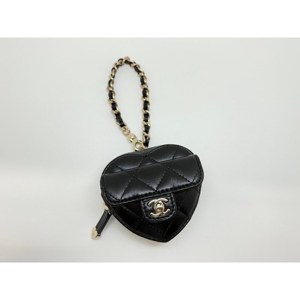 CHANEL Heart Bag Charm Black Gold Matelasse Clutch Accessories BRB Bags Wallets